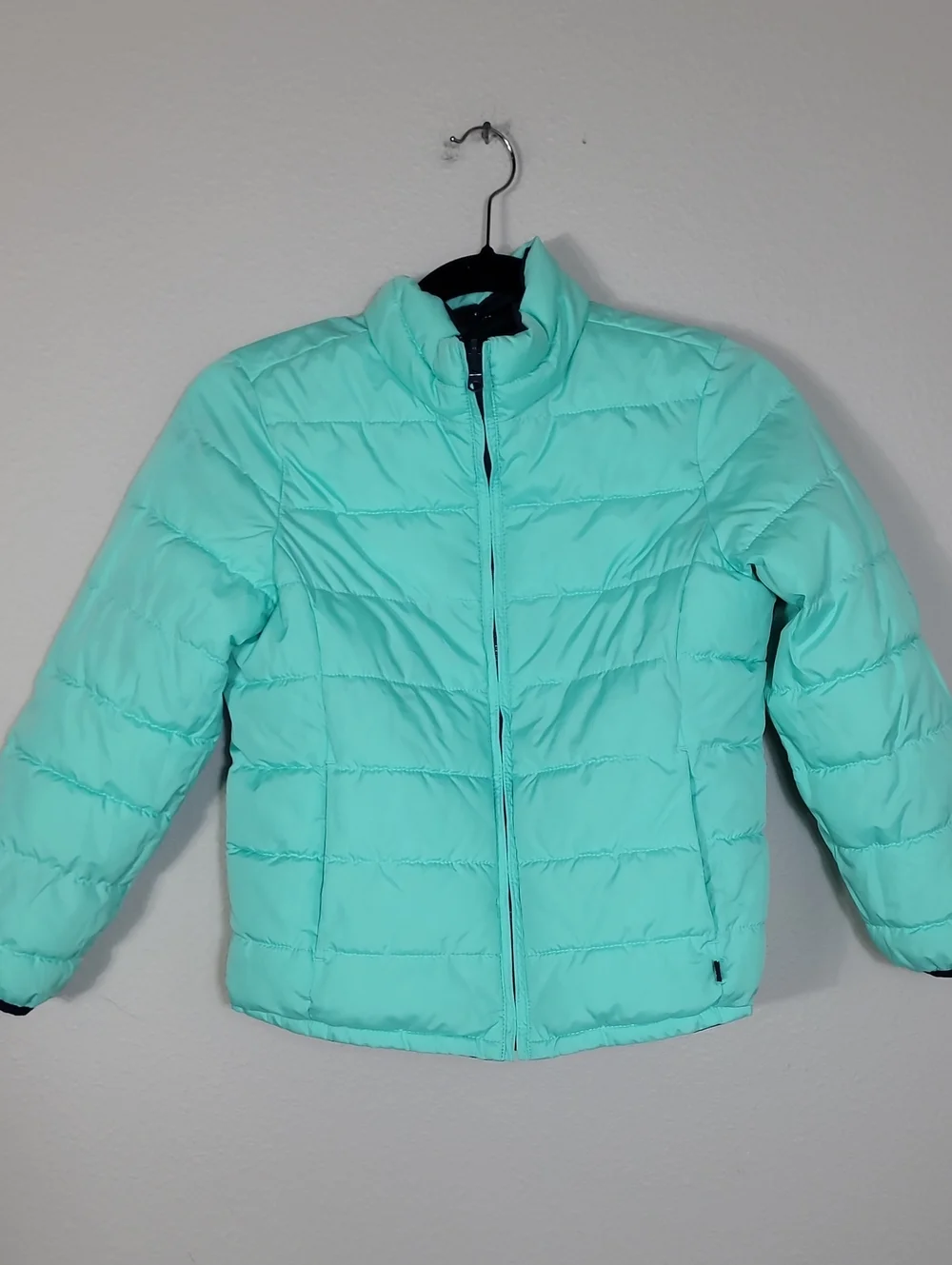 Gap Girls Reversible Puffer Jacket Size Medium 8 Navy Stars Teal Winter Kids